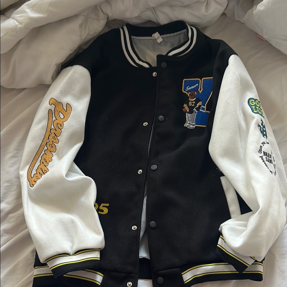 Black and White Varsity Jacket with Embroidered Patches